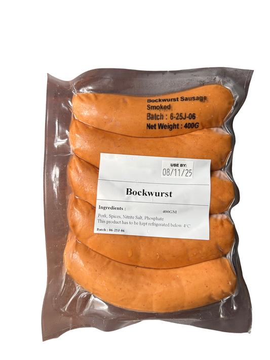 A26. Bockwurst Pork Sausage 5pcs ~ 400g (Cooked and Chilled)