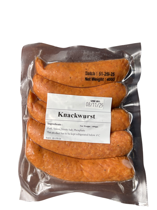 A27. Knackwurst Pork Sausage 4pcs -400g (Cooked and Chilled)